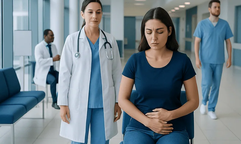 Young woman with stomach pain in hospital waiting area with medical staff nearby.
