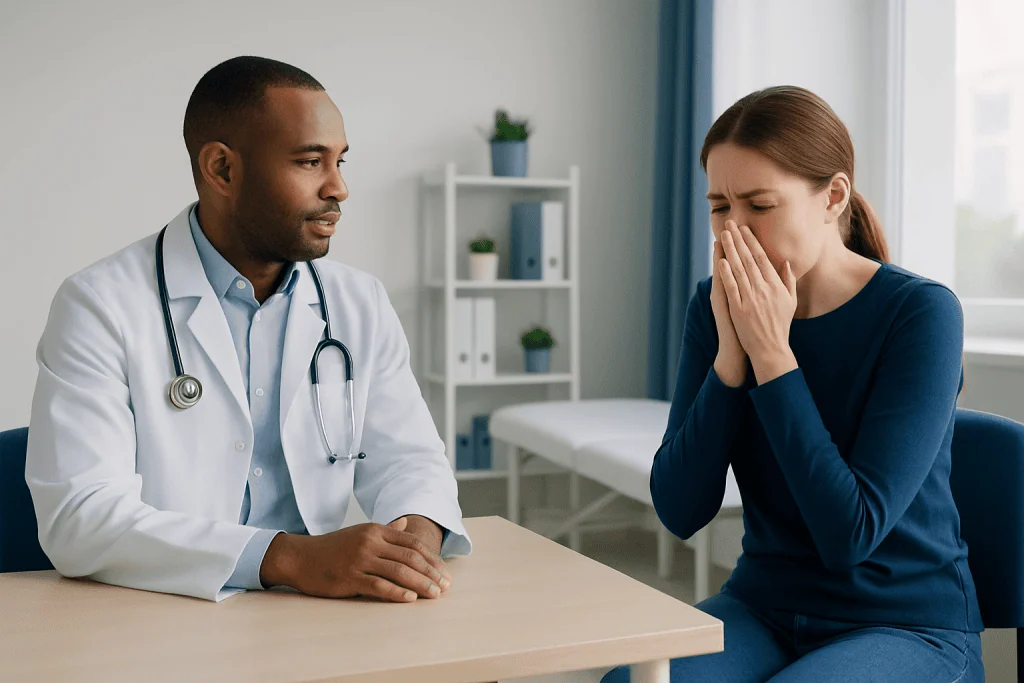 Doctor consulting with a woman about health concerns in a medical office.
