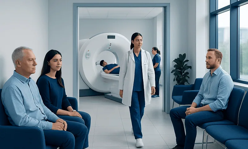 Patients and medical staff in a modern PET-CT scan room at Acibadem Hospitals Group.