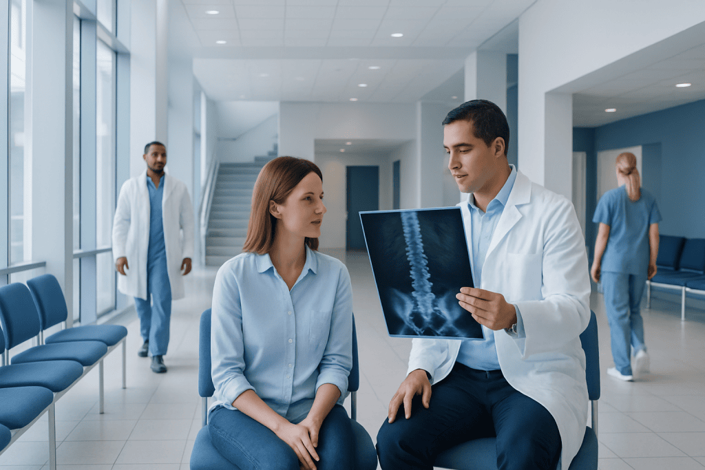 Picture of Spine: An Evidence-Based Guide for Patients 1 Doctor explaining spinal X-ray to patient in hospital corridor.