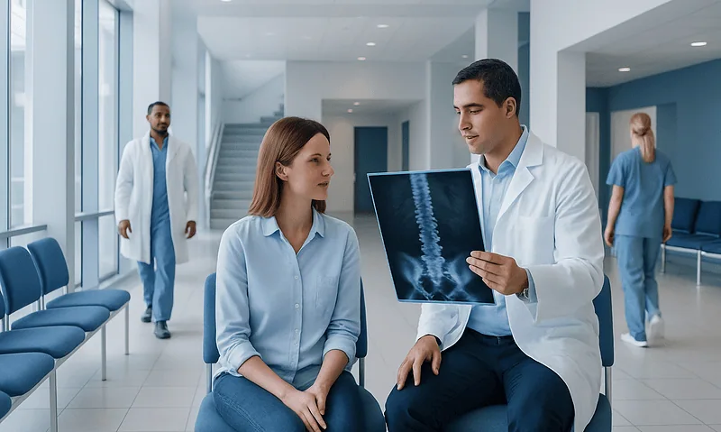 Doctor explaining spinal X-ray to patient in hospital corridor.