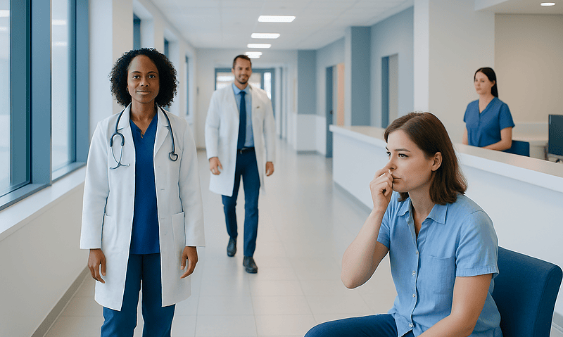 Pimple Inside Nose — Explained by Medical Evidence, Not Myths 7 Patient with nose discomfort in hospital corridor with medical staff nearby.