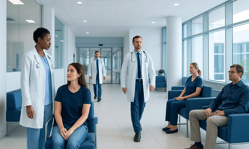 Medical team consulting patients in a modern hospital corridor.