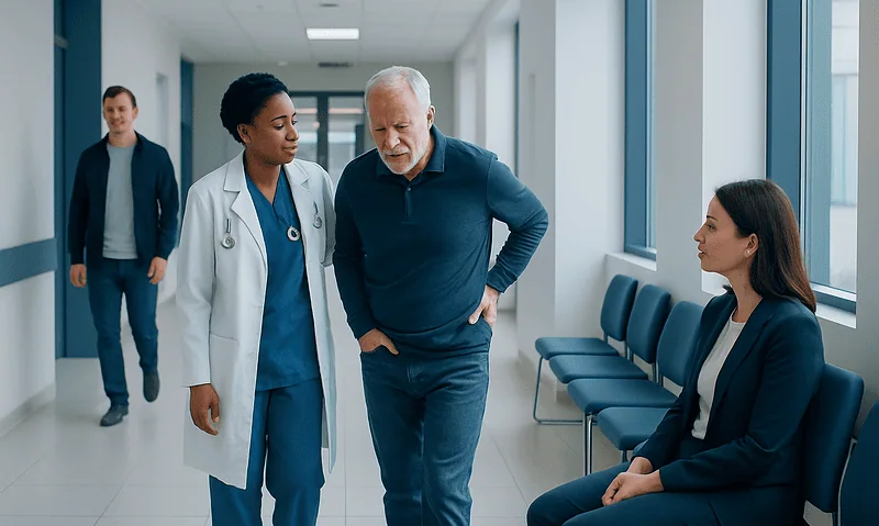 Doctor consulting with patient in hospital corridor at Acibadem Hospitals.