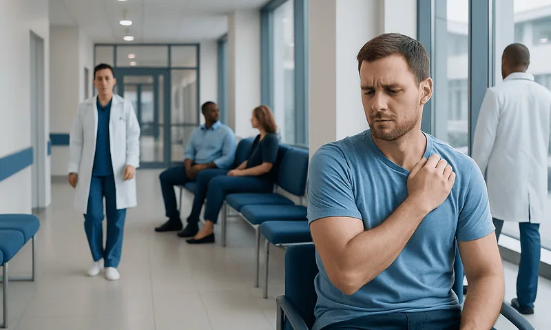Patient experiencing shoulder pain in a hospital waiting area.