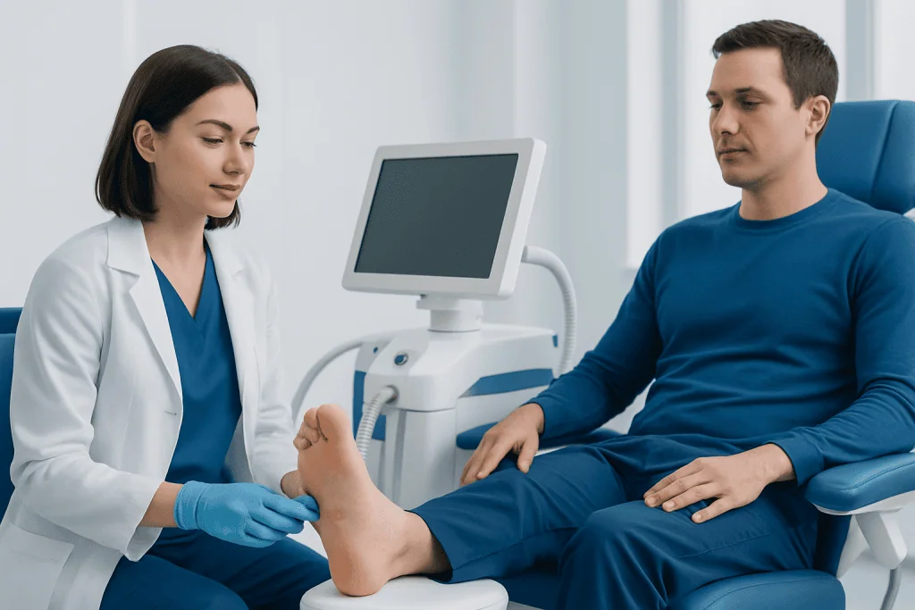 Doctor examining patient's foot in a medical clinic at Acibadem Hospitals Group.