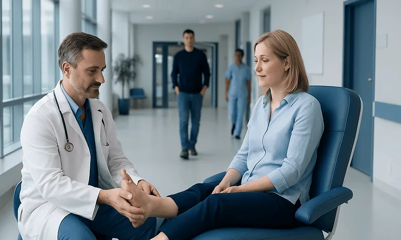 Doctor examining patient's foot in a hospital corridor.