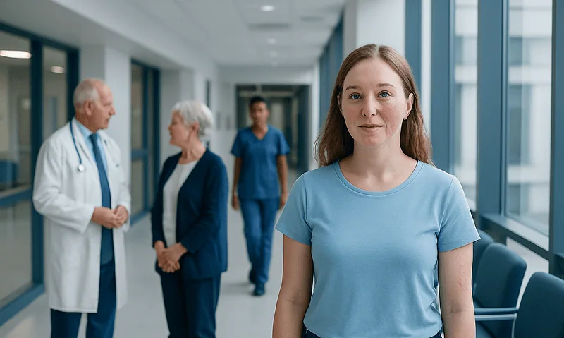 Young female patient in hospital corridor at Acibadem Hospitals Group.