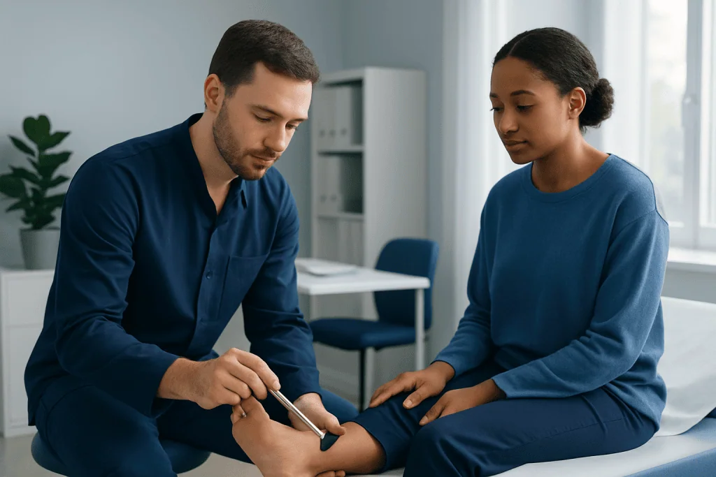 Doctor examining patient's foot in a clinical setting.