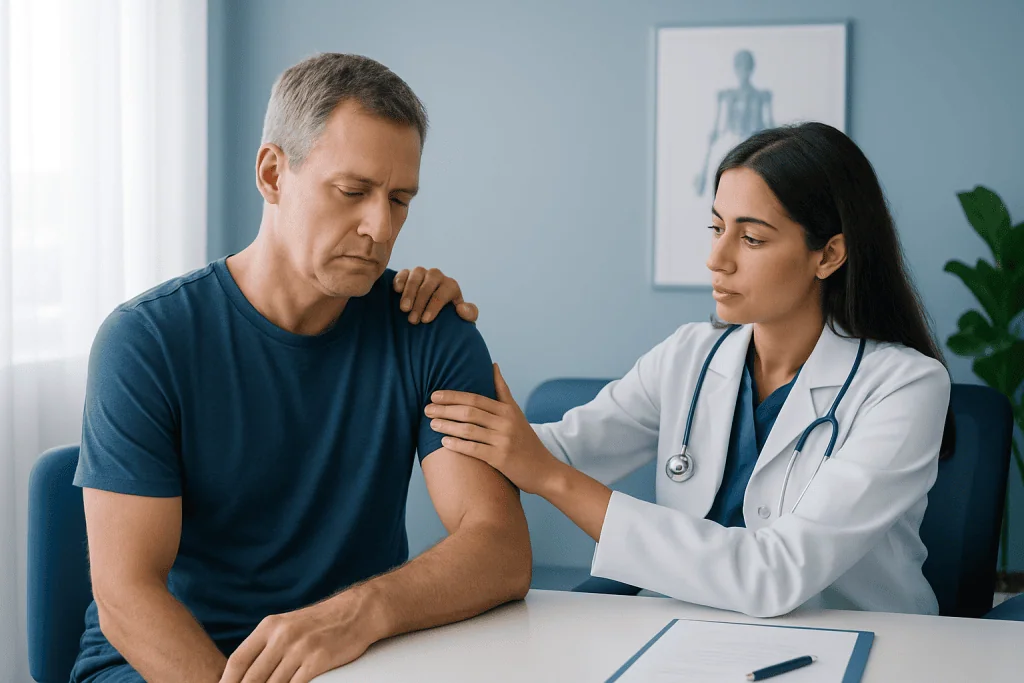 Doctor examining a patient's shoulder during a medical consultation.