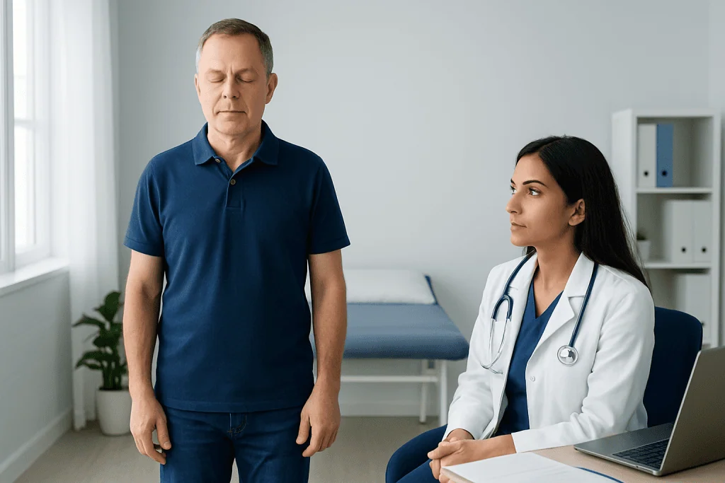Doctor performing Romberg test on patient in clinical setting.