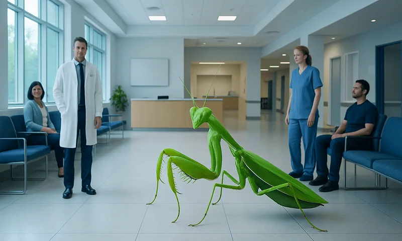 Giant praying mantis in hospital waiting area with medical staff and patients.