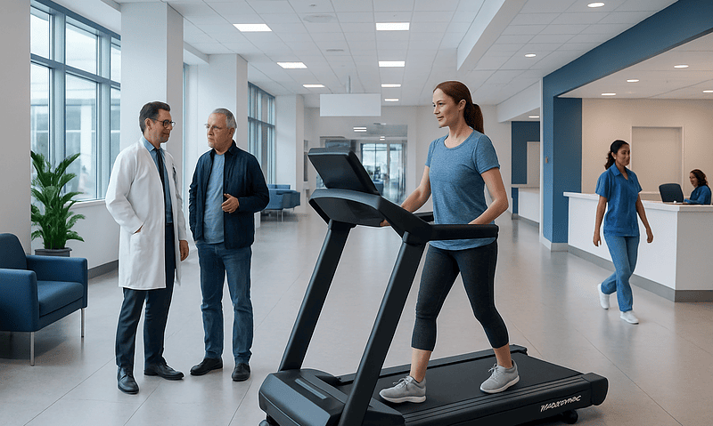 Patient walking on a treadmill at Acibadem Hospital with medical staff nearby.