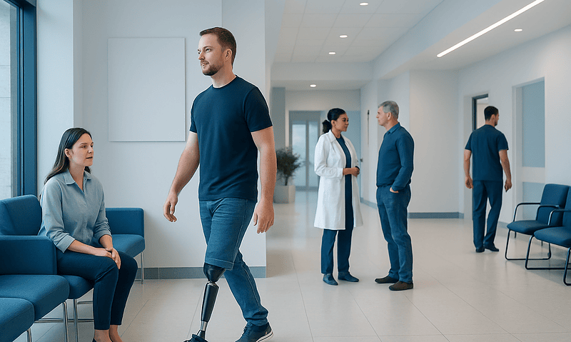 Patient with prosthetic leg walking in hospital corridor.
