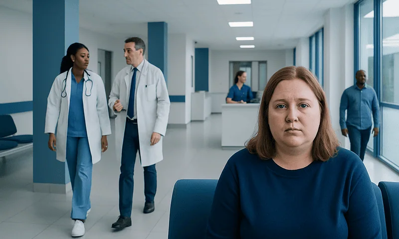 Patient with facial swelling waiting in hospital corridor at Acibadem Hospitals.