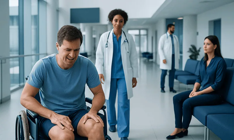 Patient in wheelchair experiencing knee pain at hospital.