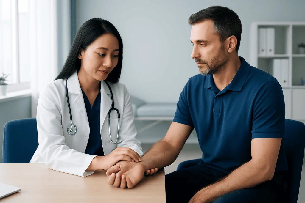 Doctor examining patient's wrist in a consultation room.