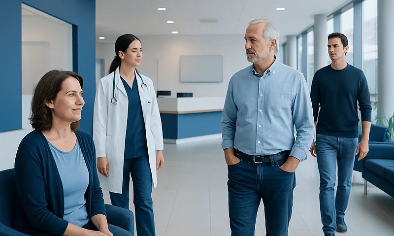 Patients and doctor in a modern hospital lobby.