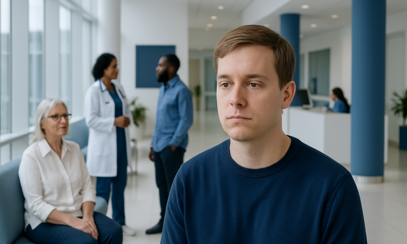 Young man waiting in a hospital lobby with medical staff and visitors.
