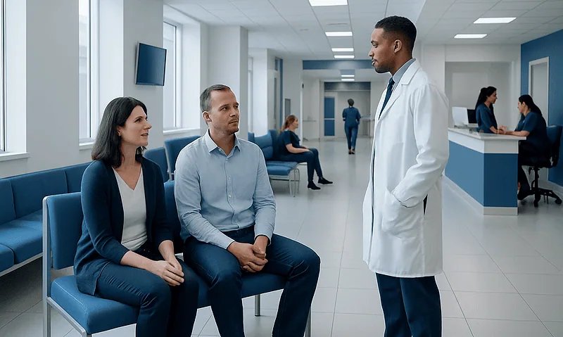 Doctor consulting with patients in a hospital waiting area.