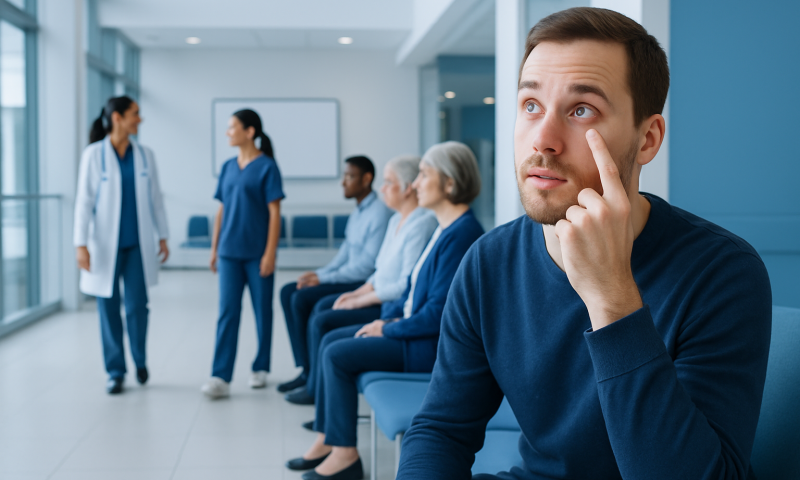 Man contemplating eye health in a hospital waiting area.