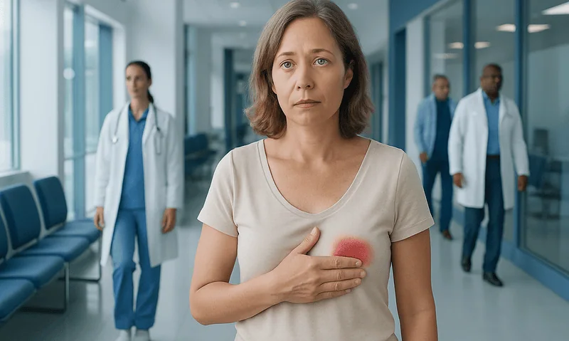 Red Mark Breast Explained: Causes, Management, and When to See a Doctor 2 Woman with breast pain in hospital corridor, doctors in background.