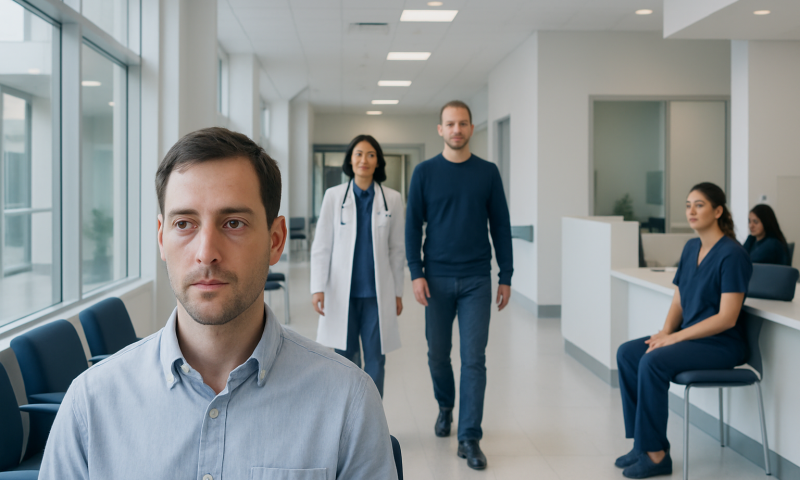 Medical team in hospital corridor with patient in foreground.