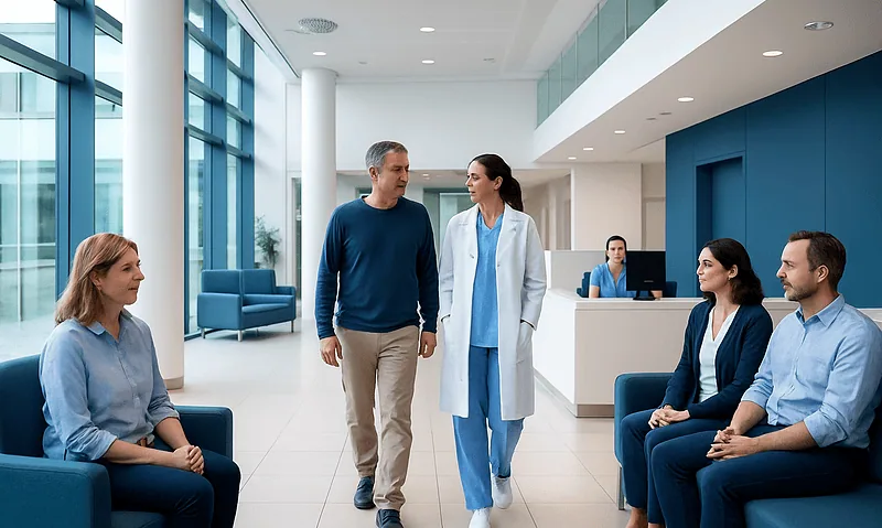 Patients and doctor in a modern hospital lobby.
