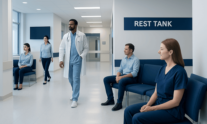 Patients waiting in a hospital corridor near the Rest Tank area at Acibadem Hospitals Group.