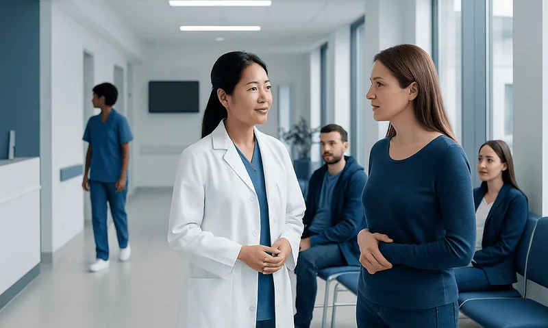 Doctor consulting patient in hospital corridor for women's health.