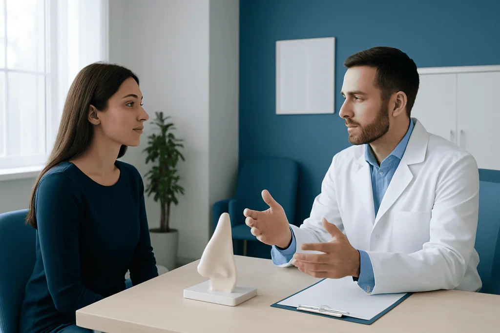 Doctor explaining rhinoplasty options to a patient in a clinic setting.