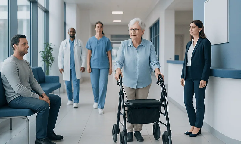 Elderly woman with walker in hospital corridor with medical staff and visitors.