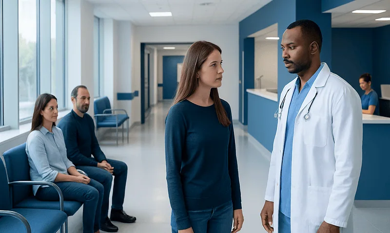Doctor speaking with patient in hospital corridor with waiting area.
