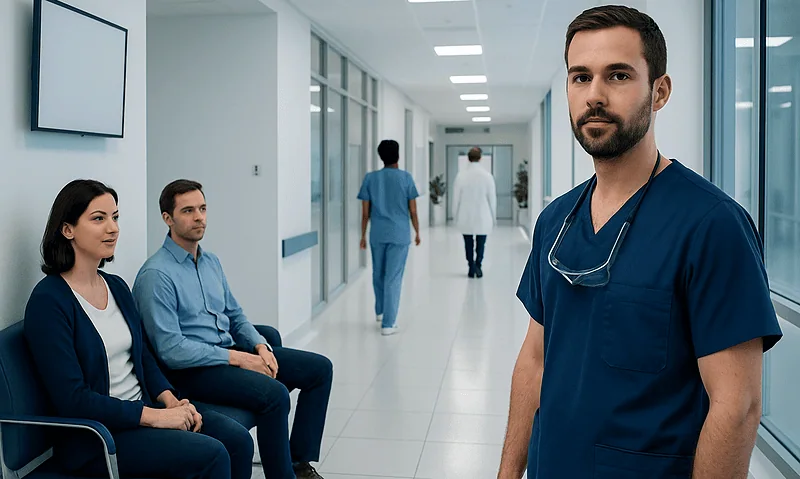 Healthcare professional in a hospital corridor with patients waiting.
