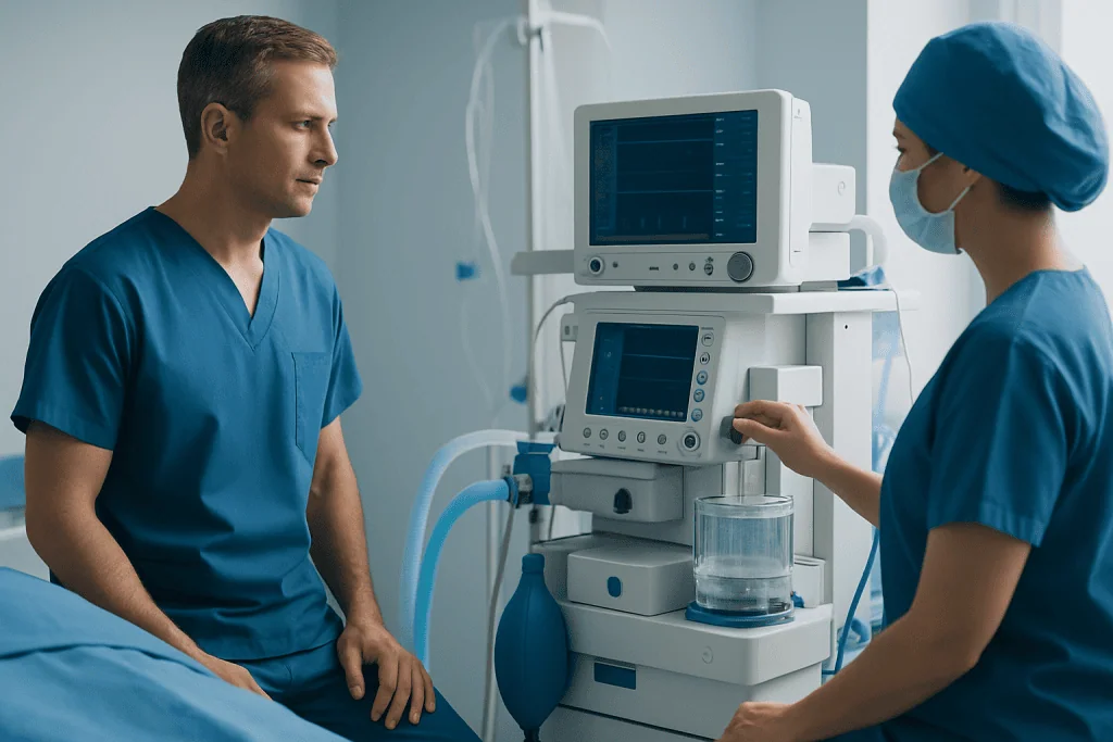 Doctor and nurse monitoring patient with medical equipment in hospital.