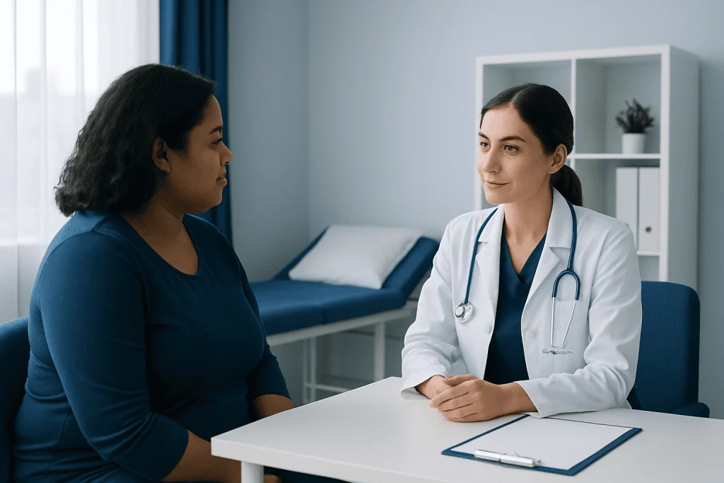 Doctor consulting with a patient in a modern medical office.