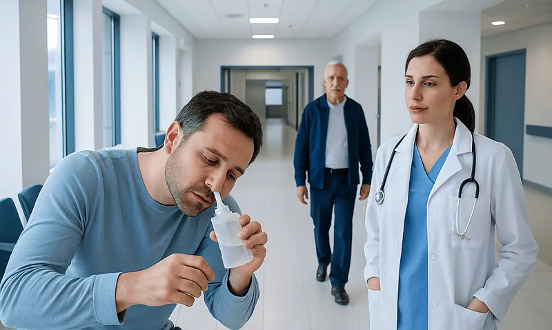 Patient using nasal spray in hospital corridor with medical staff nearby.