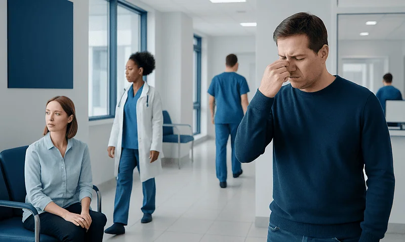 Man with nose pain in hospital corridor with medical staff.