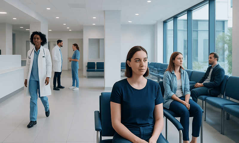 Patients waiting in a modern hospital lobby with medical staff present.