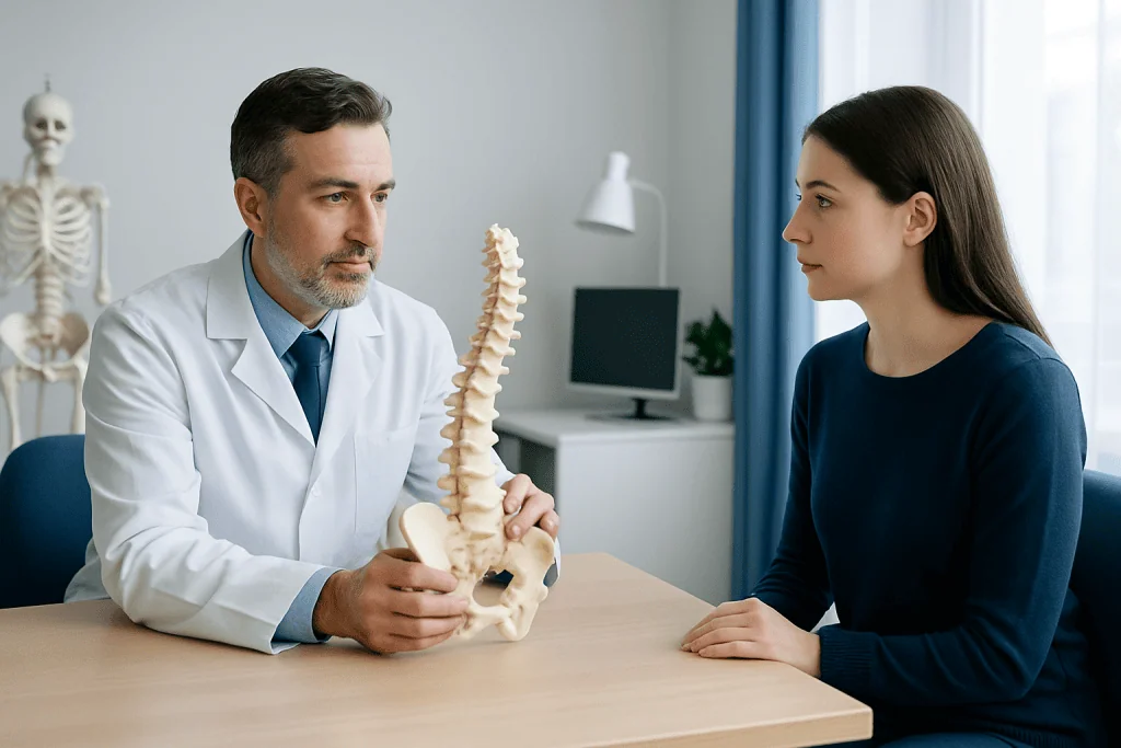 Doctor explaining scoliosis with spine model to patient in clinic.