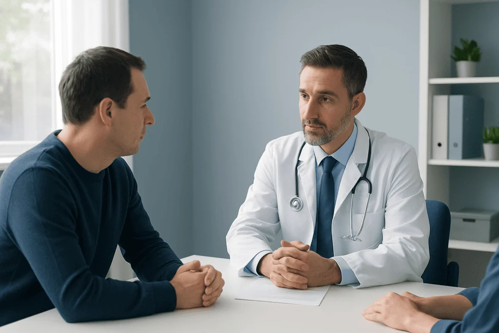 Doctor consulting with a patient in a modern medical office.