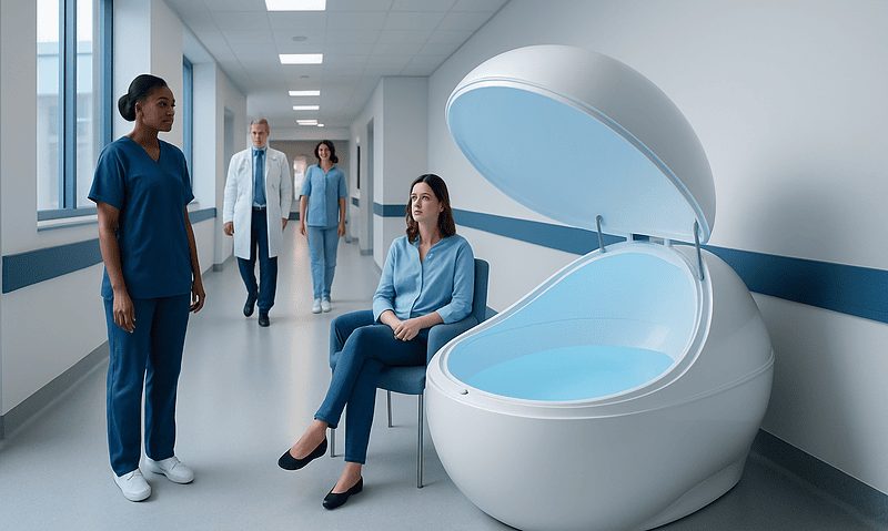 Patient in a sensory deprivation tank at Acibadem Hospital.