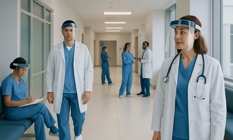 Healthcare professionals in PPE in hospital corridor at Acibadem Hospitals Group.