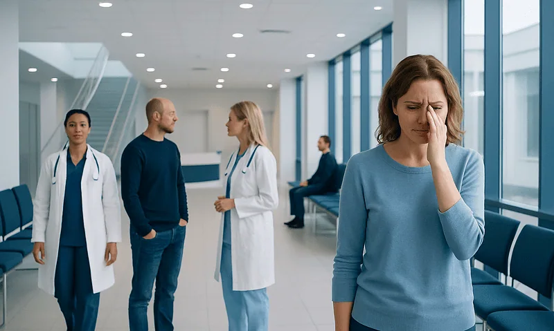 Woman with sinus pain in a hospital corridor with medical staff nearby.