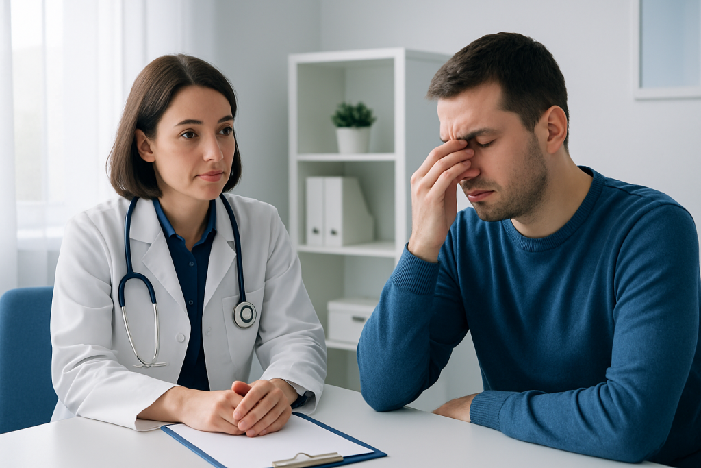 Doctor consulting a patient with sinus pain in a clinical setting.
