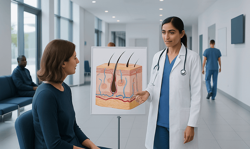 Medical professional explaining skin diagram to patient in hospital corridor.
