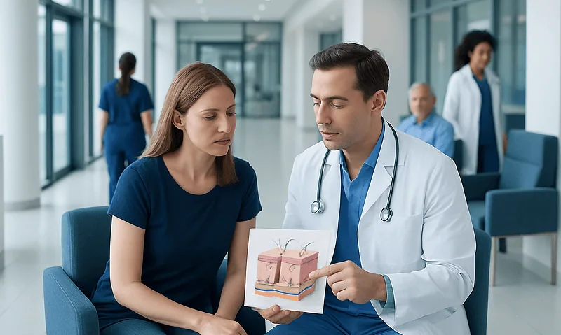 Doctor explaining skin graft procedure to patient in hospital lobby.