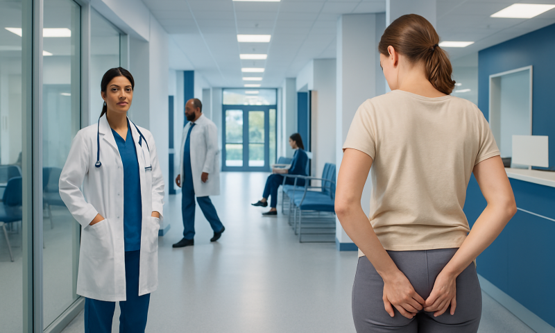 Patient with skin rash on bum in hospital corridor with medical staff.