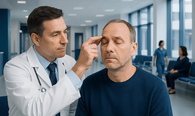 Doctor examining a patient's eyelid in a hospital setting.