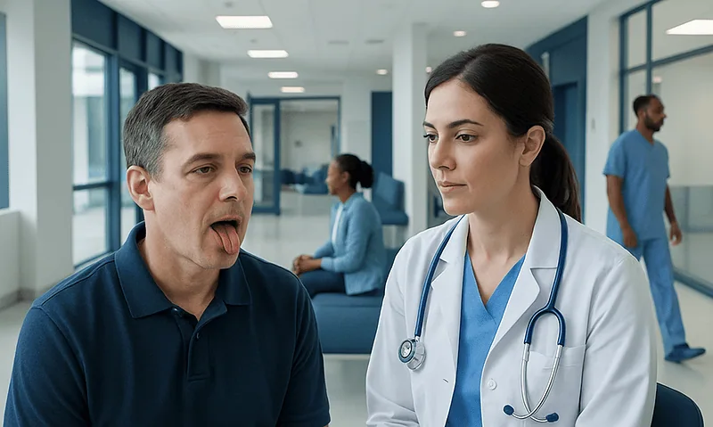 Doctor examining patient's throat in hospital setting.